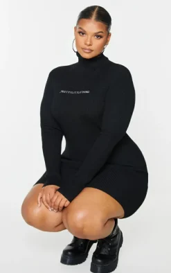 PRETTYLITTLETHING Plus Black Rib Knitted Bodycon Dress