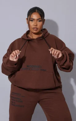 PRETTYLITTLETHING Plus Chocolate Oversized Fit Graphic Printed Hoodie