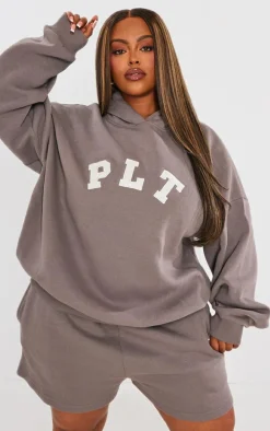 PRETTYLITTLETHING Plus Charcoal Logo Oversized Sweat Shorts