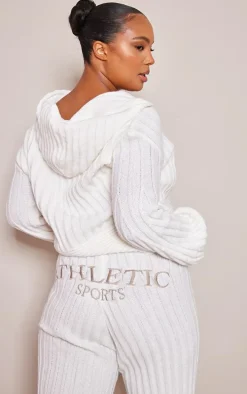 PRETTYLITTLETHING Plus Cream Zip Through Wide Rib Knitted Hoodie