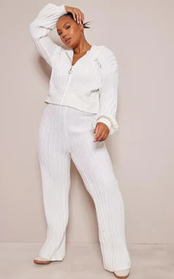 PRETTYLITTLETHING Plus Cream Zip Through Wide Rib Knitted Hoodie