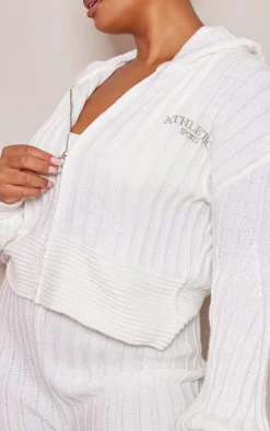 PRETTYLITTLETHING Plus Cream Zip Through Wide Rib Knitted Hoodie