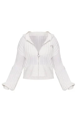 PRETTYLITTLETHING Plus Cream Zip Through Wide Rib Knitted Hoodie