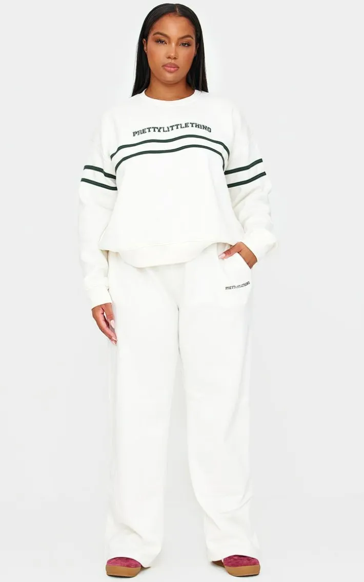 PRETTYLITTLETHING Plus Cream Contrast Print Wide Leg Sweatpants