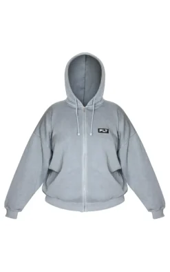 PRETTYLITTLETHING Plus Grey Washed Badge Detail Zip Up Hoodie