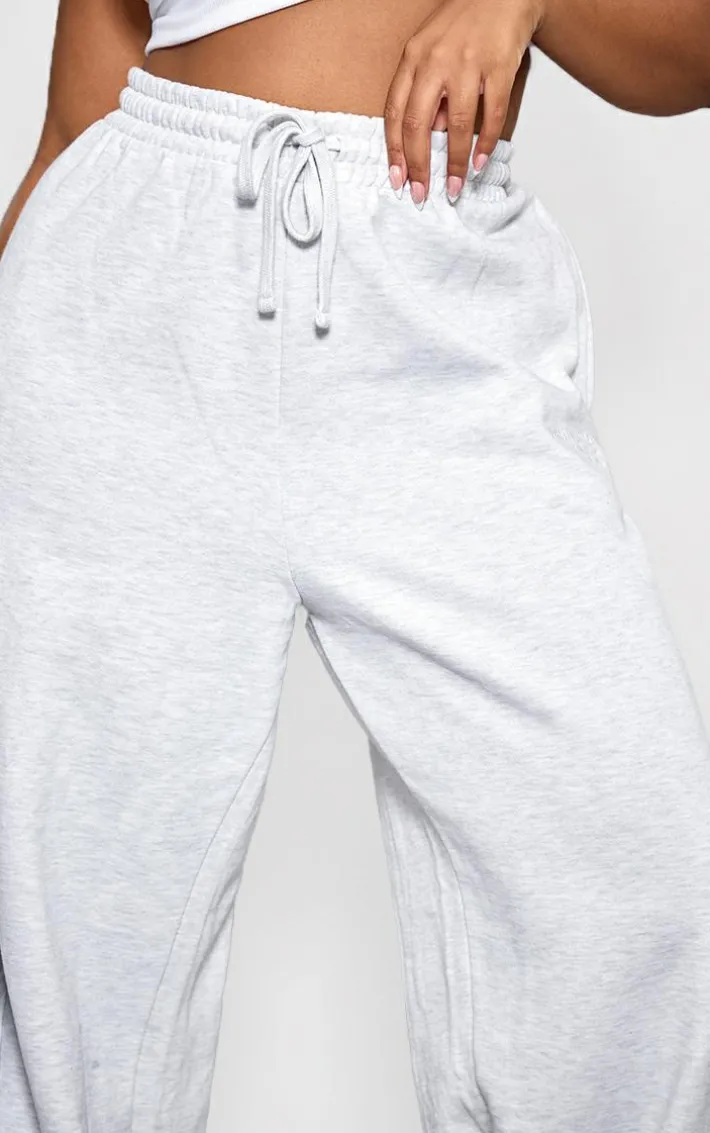 PRETTYLITTLETHING Plus Grey Premium Embroidered Wide Leg Oversized Sweatpants