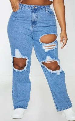PRETTYLITTLETHING Plus Mid Blue Ripped Straight Leg Jeans