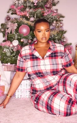 PRETTYLITTLETHING Plus Navy Checked Short Sleeve Pajama Shirt