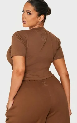 PRETTYLITTLETHING Plus Taupe Embroidered Rib Panel T Shirt