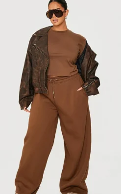 PRETTYLITTLETHING Plus Taupe Embroidered Rib Panel T Shirt