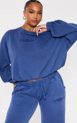 PRETTYLITTLETHING Plus Washed Blue Embroidered Oversized Sweatshirt