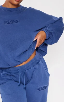 PRETTYLITTLETHING Plus Washed Blue Embroidered Oversized Sweatshirt