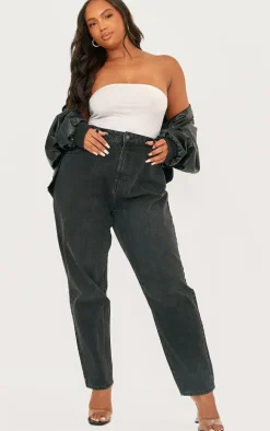 PRETTYLITTLETHING Plus Washed Black High Rise Mom Jeans