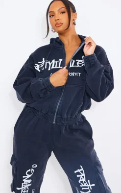 PRETTYLITTLETHING Plus Washed Black Zip Up Hoodie