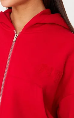 PRETTYLITTLETHING Red Borg Graphic Zip Up Hoodie