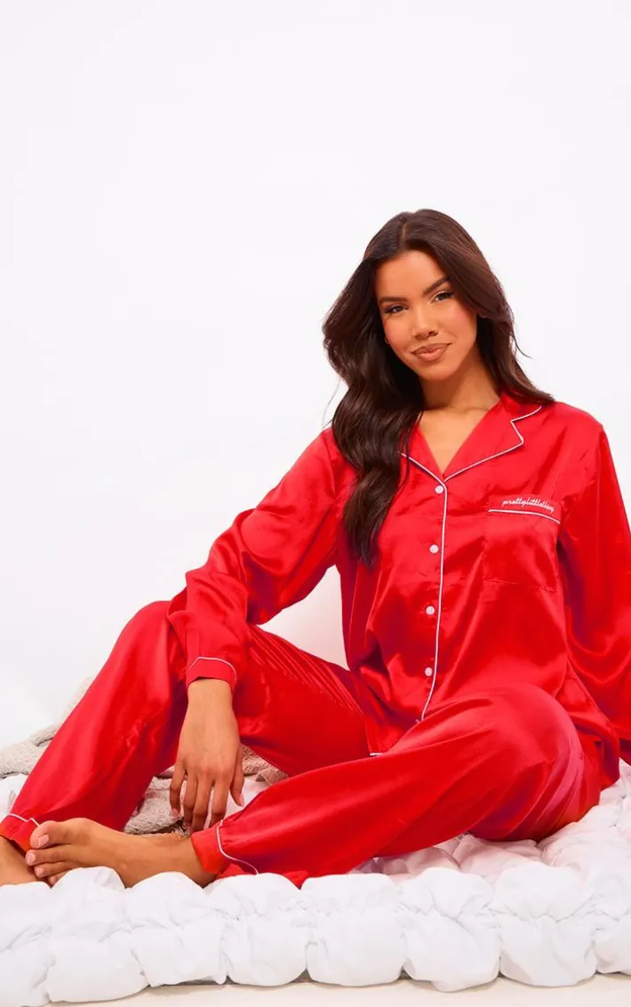 PRETTYLITTLETHING Red Contrast Piping Satin Long PJ Set