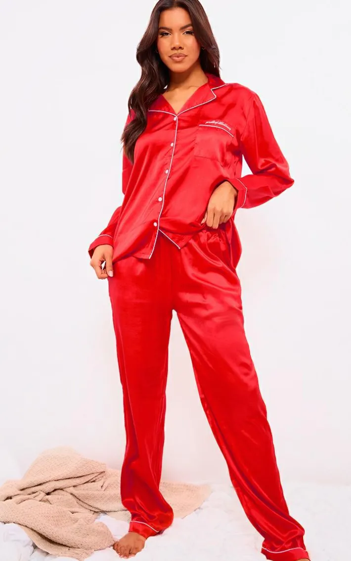 PRETTYLITTLETHING Red Contrast Piping Satin Long PJ Set