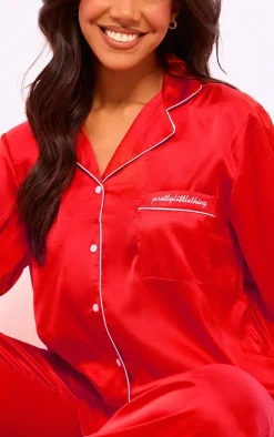 PRETTYLITTLETHING Red Contrast Piping Satin Long PJ Set