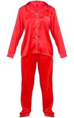 PRETTYLITTLETHING Red Contrast Piping Satin Long PJ Set