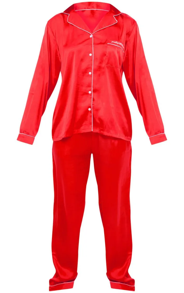 PRETTYLITTLETHING Red Contrast Piping Satin Long PJ Set