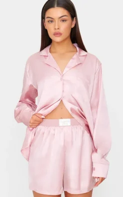 PRETTYLITTLETHING Rose Gold Satin Short Pj Set
