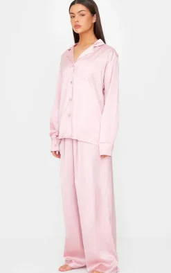 PRETTYLITTLETHING Rose Gold Satin Long Pj Set