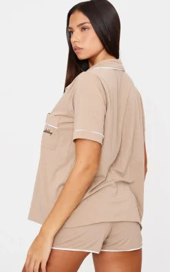 PRETTYLITTLETHING Sand Embroidered Jersey Piping Detail Short PJ Set