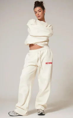 PRETTYLITTLETHING Sand Premium Studio Print Straight Leg Sweatpants