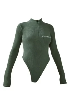 PRETTYLITTLETHING Sea Green Crinkle Rib Half Zip Bodysuit