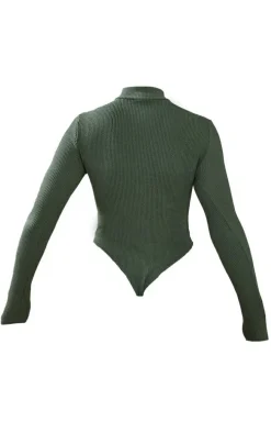 PRETTYLITTLETHING Sea Green Crinkle Rib Half Zip Bodysuit