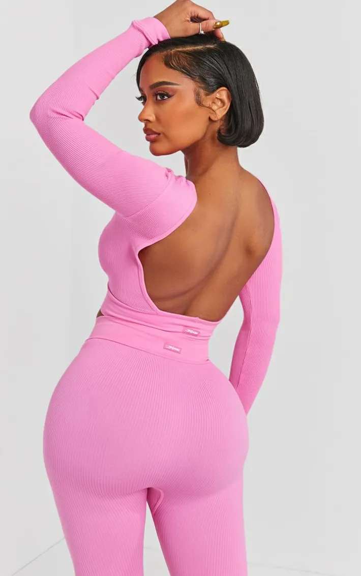 PRETTYLITTLETHING Shape Bright Pink Open Back Long Sleeve Gym Crop Top
