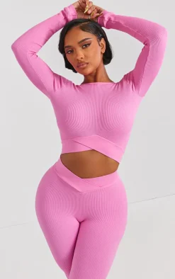 PRETTYLITTLETHING Shape Bright Pink Open Back Long Sleeve Gym Crop Top