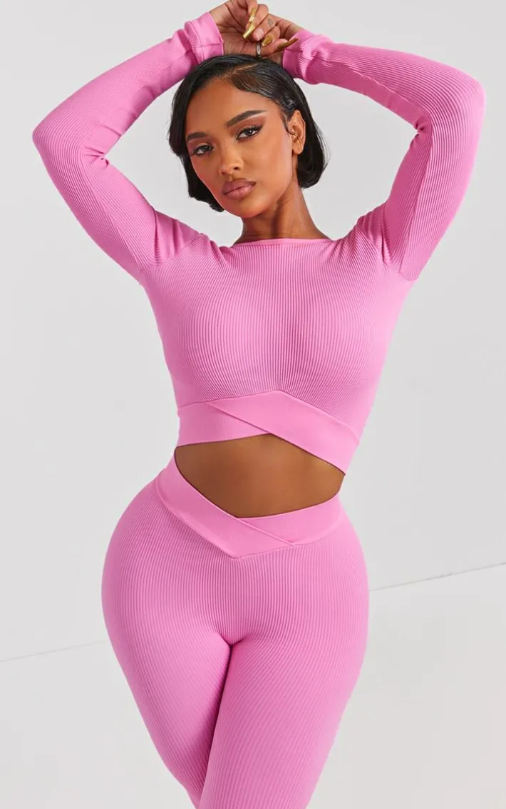 PRETTYLITTLETHING Shape Bright Pink Open Back Long Sleeve Gym Crop Top