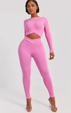 PRETTYLITTLETHING Shape Bright Pink Open Back Long Sleeve Gym Crop Top
