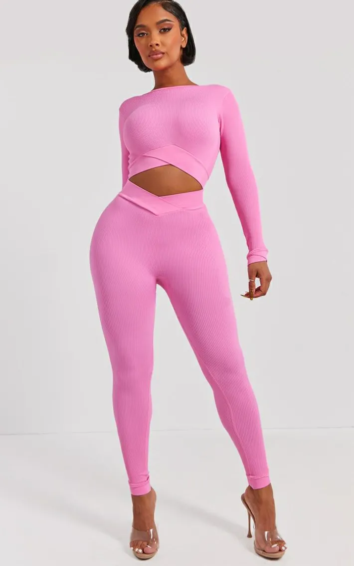 PRETTYLITTLETHING Shape Bright Pink Open Back Long Sleeve Gym Crop Top