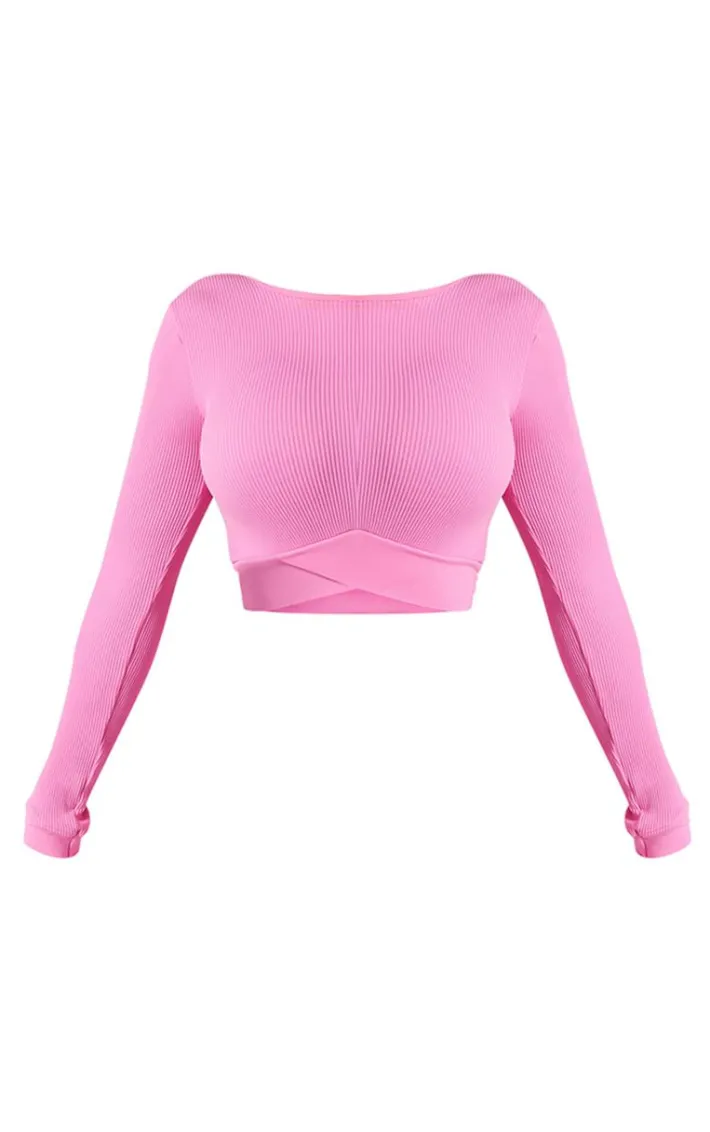 PRETTYLITTLETHING Shape Bright Pink Open Back Long Sleeve Gym Crop Top