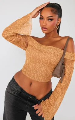 PRETTYLITTLETHING Shape Brown Printed Mesh Bardot Long Sleeve Crop Top