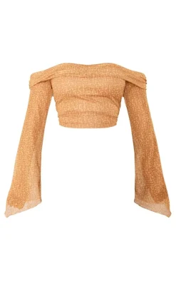 PRETTYLITTLETHING Shape Brown Printed Mesh Bardot Long Sleeve Crop Top