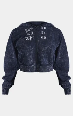 PRETTYLITTLETHING Shape Charcoal Grey Printed Zip Through Washed Hoodie