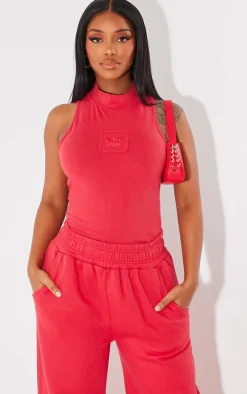 PRETTYLITTLETHING Shape Cherry Red Cotton High Neck Sleeveless Bodysuit