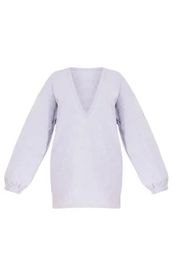 PRETTYLITTLETHING Shape Grey Marl Embroidered Plunge Oversized Sweatshirt Dress