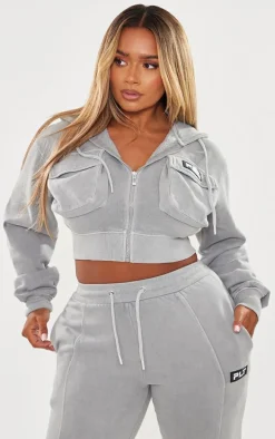 PRETTYLITTLETHING Shape Grey Marl Washed Cargo Cropped Hoodie