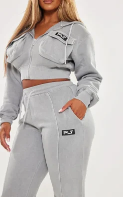 PRETTYLITTLETHING Shape Grey Marl Washed Cargo Cropped Hoodie