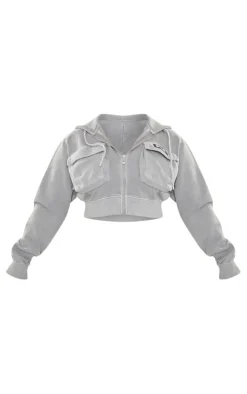 PRETTYLITTLETHING Shape Grey Marl Washed Cargo Cropped Hoodie