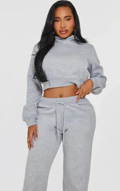 PRETTYLITTLETHING Shape Grey Marl Printed Back Cinched Waist Cropped Hoodie