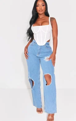 PRETTYLITTLETHING Shape Light Blue High Waist Ripped Wide Leg Jeans
