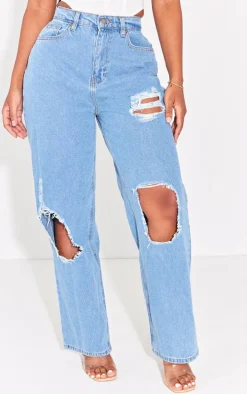PRETTYLITTLETHING Shape Light Blue High Waist Ripped Wide Leg Jeans