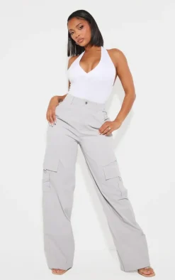PRETTYLITTLETHING Shape Light Grey Buckle Detail Cargo Wide Leg Pants