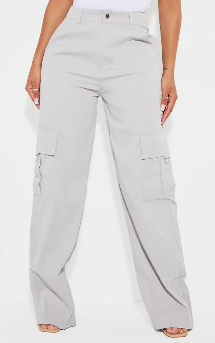 PRETTYLITTLETHING Shape Light Grey Buckle Detail Cargo Wide Leg Pants