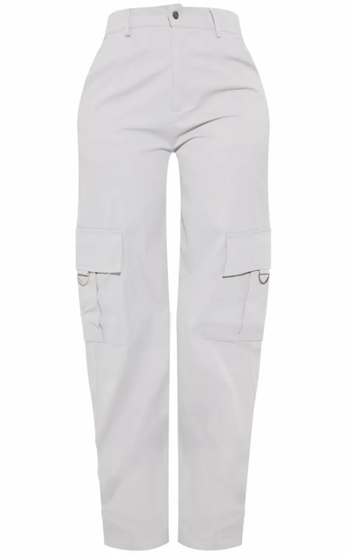 PRETTYLITTLETHING Shape Light Grey Buckle Detail Cargo Wide Leg Pants